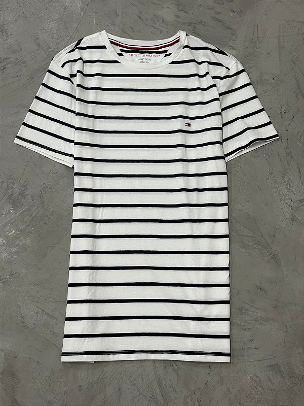 Camiseta  Tommy Hilfiger  Listrada Slim Fit T (Branco/Azul Marinho)