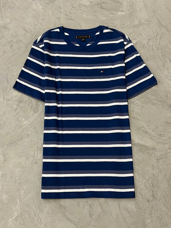 Camiseta Tommy Hilfiger Listrada Slim Fit  (Cinza/Azul Royal/Branco)