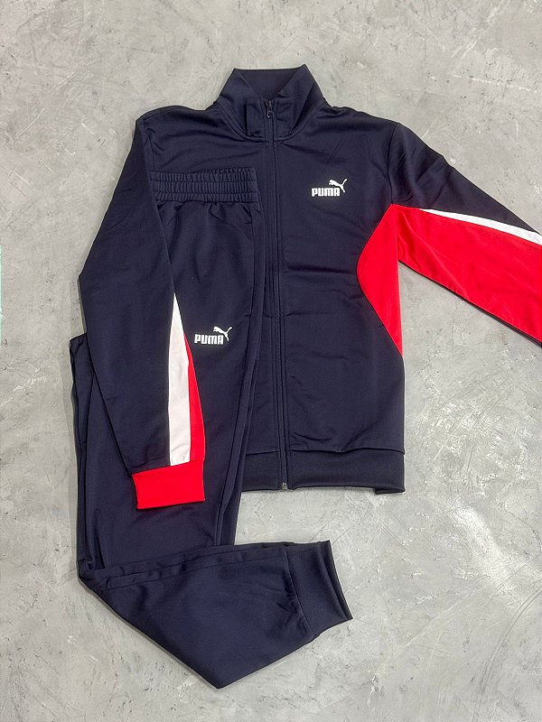 Conjunto Puma Essentials Block Tracksuit (Azul Marinho/Vermelho)