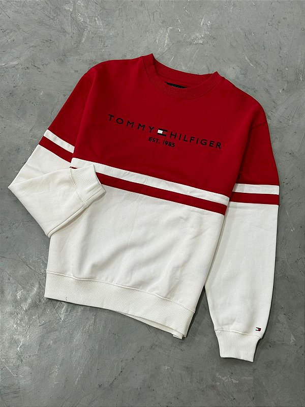 Moletom Tommy Hilfiger Faixas Gola Careca (Vermelho/Branco)