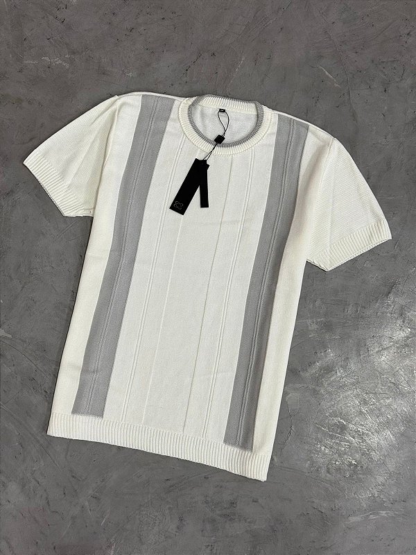 Camiseta Tricot Manga Curta (Off White/Cinza)