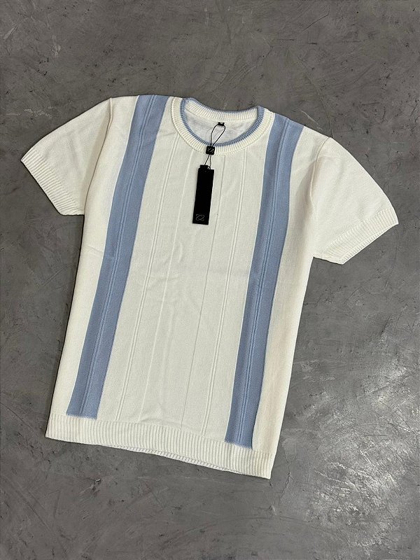 Camiseta Tricot Manga Curta (Off White/Azul )
