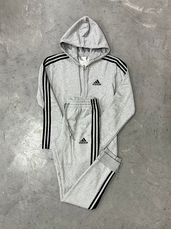 Conjunto Moletom Adidas Essentials Fleece 3 Listras (Cinza)