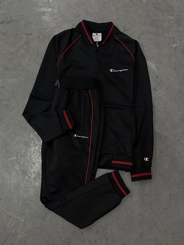 Conjunto Tracksuit Champion Raglan Pipping (Preto/Vermelho)