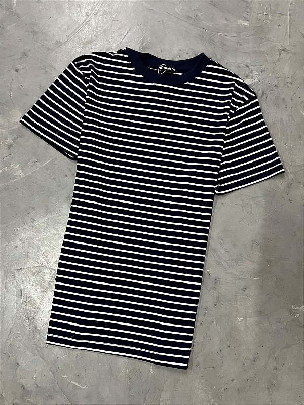 Camiseta Ermek Slim Listrada de Algodão (Azul marinho/Branca)