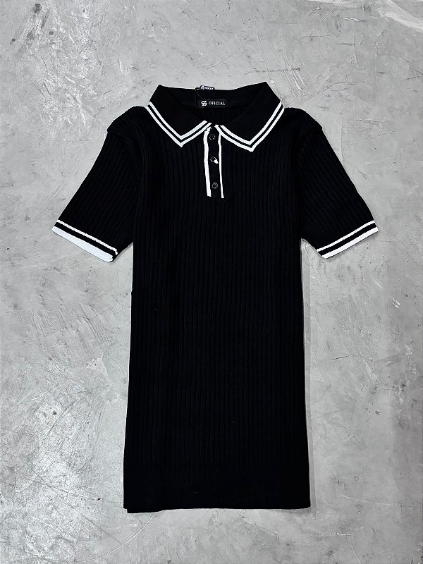 Polo Texturizada Contraste Preto
