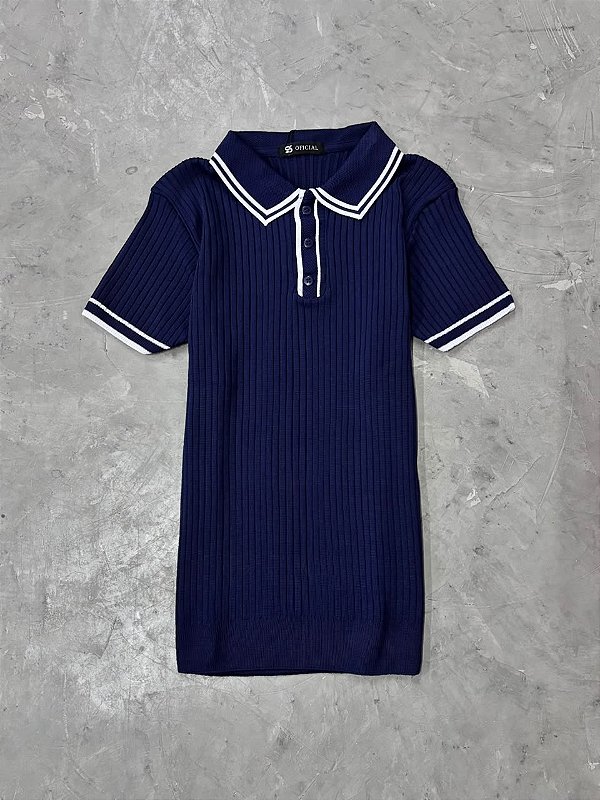 Polo Texturizada Contraste Azul Marinho