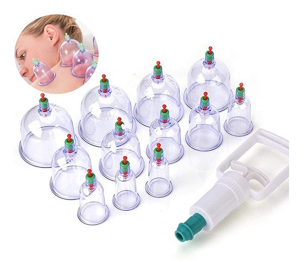 Conjunto de Ventosas para Terapia de Descompressão - Kit com 12 Ventosas e 1 Bomba