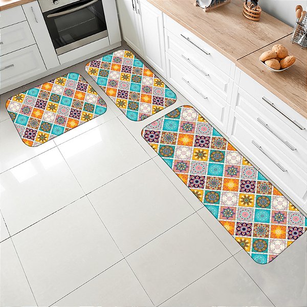 Kit Jogo Tapetes para Cozinha Antiderrapante 3 pçs Estampa Mandalas Collor