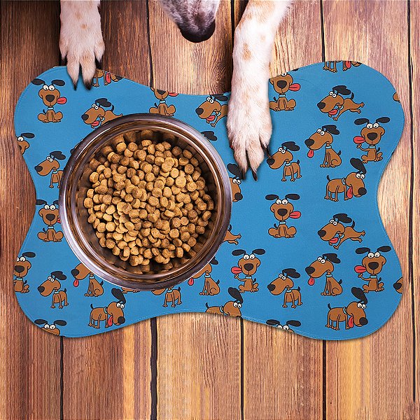 Tapete ossinho para potinhos dos pets comedouro Estampa Dog marrom fundo azul 33 cm x 46 cm