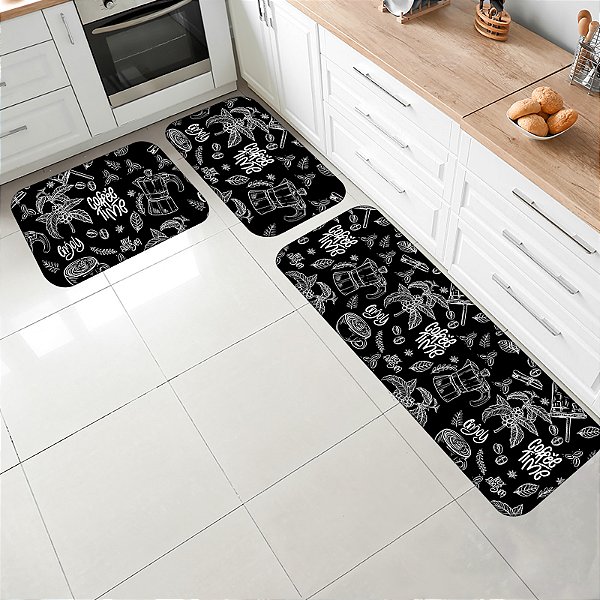 Kit Jogo Tapetes para Cozinha Antiderrapante 3 pçs Estampa Coffee Time
