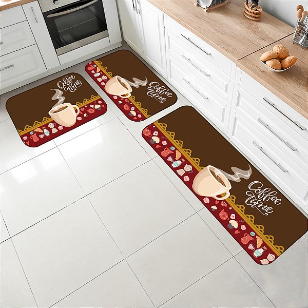 Kit Jogo Tapetes para Cozinha Antiderrapante 3 pçs Estampa Renda Coffee
