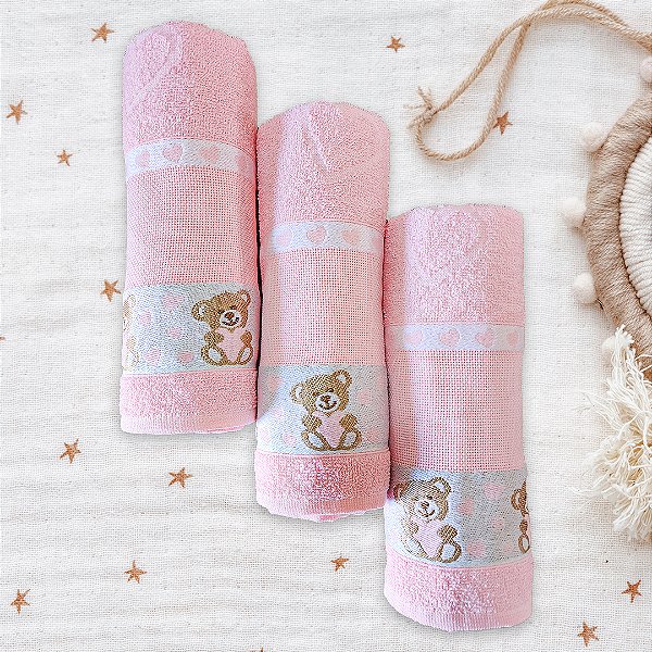 Kit c/ 3 Toalhas de Banho Infantil Ursinho Rosa