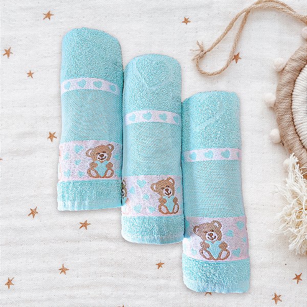 Kit c/ 3 Toalhas de Banho Infantil Ursinho Verde Água