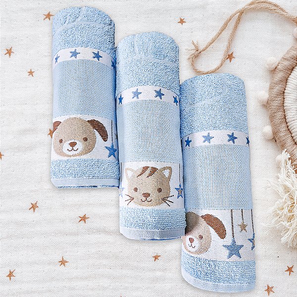 Kit c/ 3 Toalhas de Banho Infantil Pets Azul
