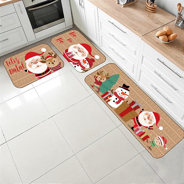 Kit Jogo Tapetes para Cozinha Antiderrapante 3 pçs Estampa Equipe Natalina