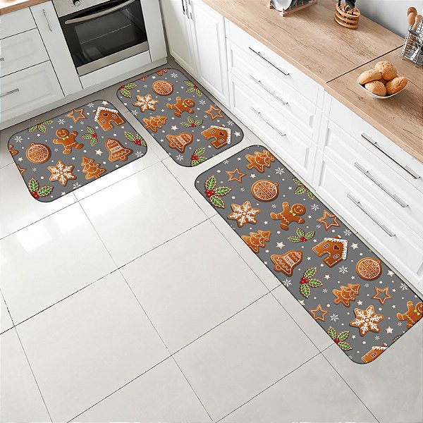 Kit Jogo Tapetes para Cozinha Antiderrapante 3 pçs Estampa Docinhos de Natal