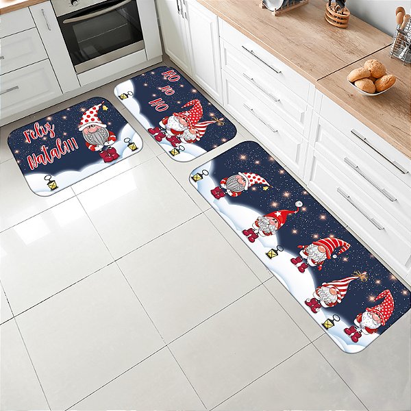 Kit Jogo Tapetes para Cozinha Antiderrapante 3 pçs Estampa Gnomos