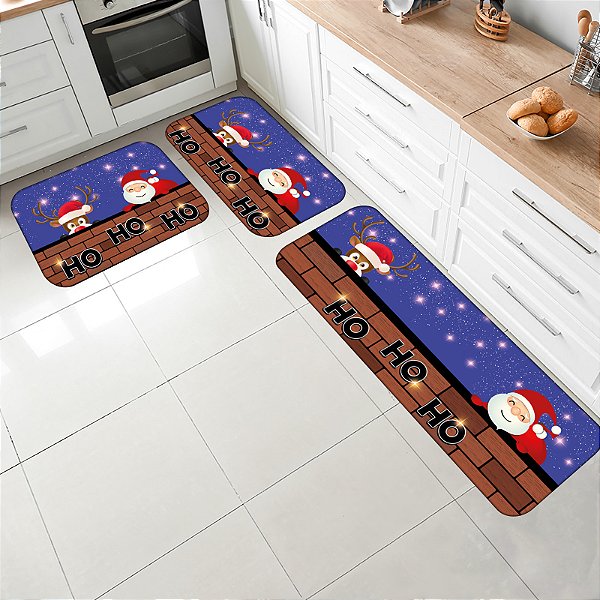 Kit Jogo Tapetes para Cozinha Antiderrapante 3 pçs Estampa Rena e Noel