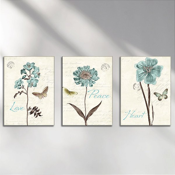 Kit com 3 Placas Decorativas Vinílico Sem Moldura Estampa Love, Peace And Heart