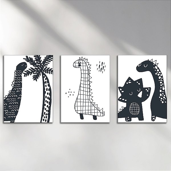 Kit com 3 Placas Decorativas Vinílico Sem Moldura Estampa Dinos