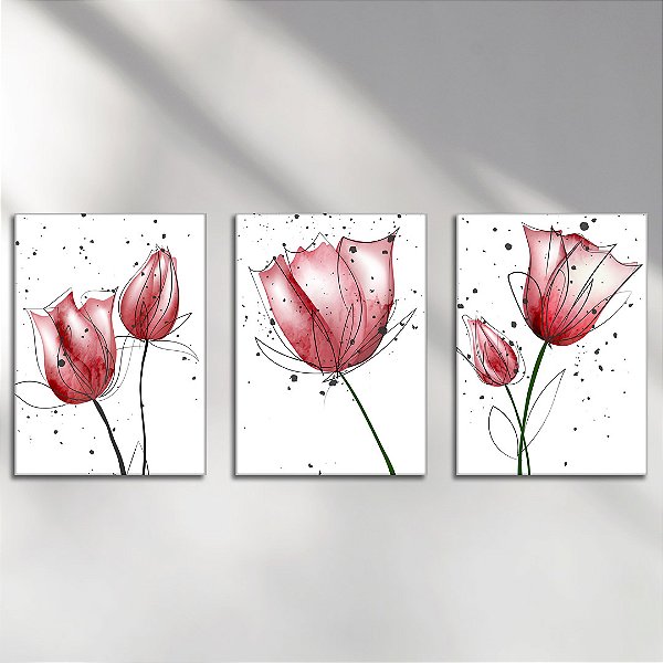 Kit com 3 Placas Decorativas Vinílico Sem Moldura Estampa Flores Vermelhas