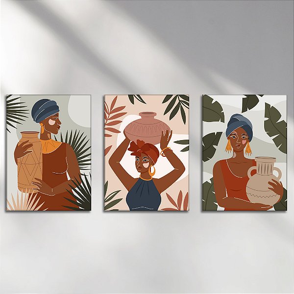 Kit com 3 Placas Decorativas Vinílico Sem Moldura Estampa Mulheres Africanas