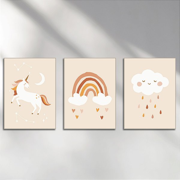Kit com 3 Placas Decorativas Vinílico Sem Moldura Estampa Nuvem e Unicórnio
