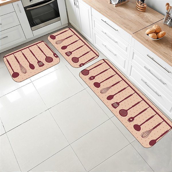Kit Jogo Tapetes para Cozinha Antiderrapante 3 pçs Estampa Utensílios com Poa