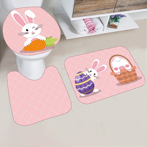 kit jogo Tapetes Banheiro Estampa Páscoa Xadrez Rosa Antiderrapante 3 peças