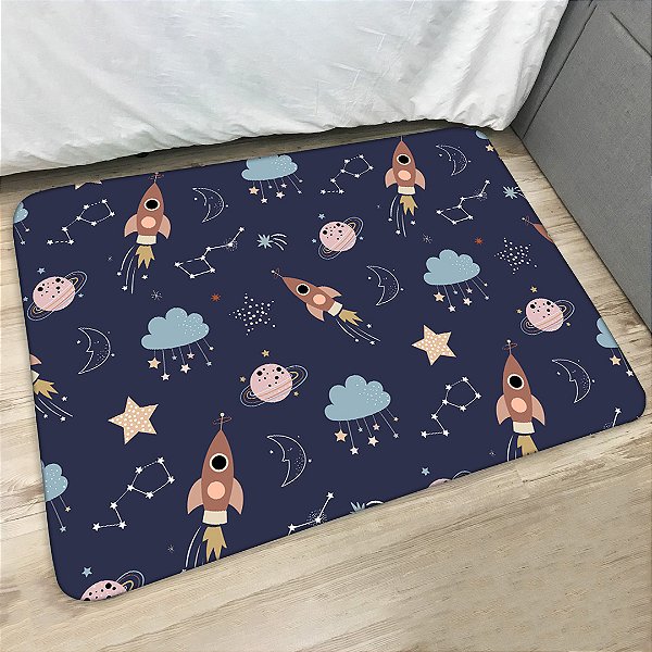Tapete Infantil Retangular Antiderrapante 95x130 Estampa Espaço Sideral