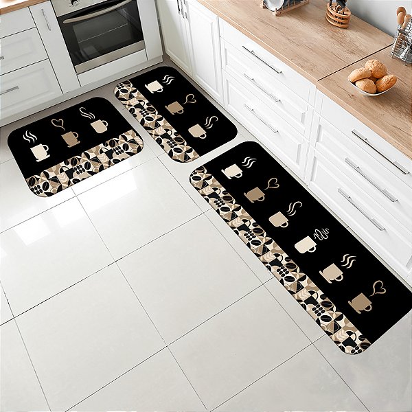 Kit Jogo Tapetes para Cozinha Antiderrapante 3 pçs Estampa Café com Leite