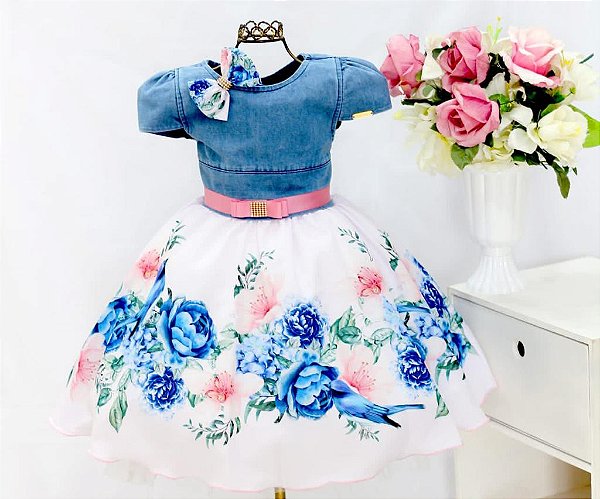 Vestido Jeans Floral Pássaro