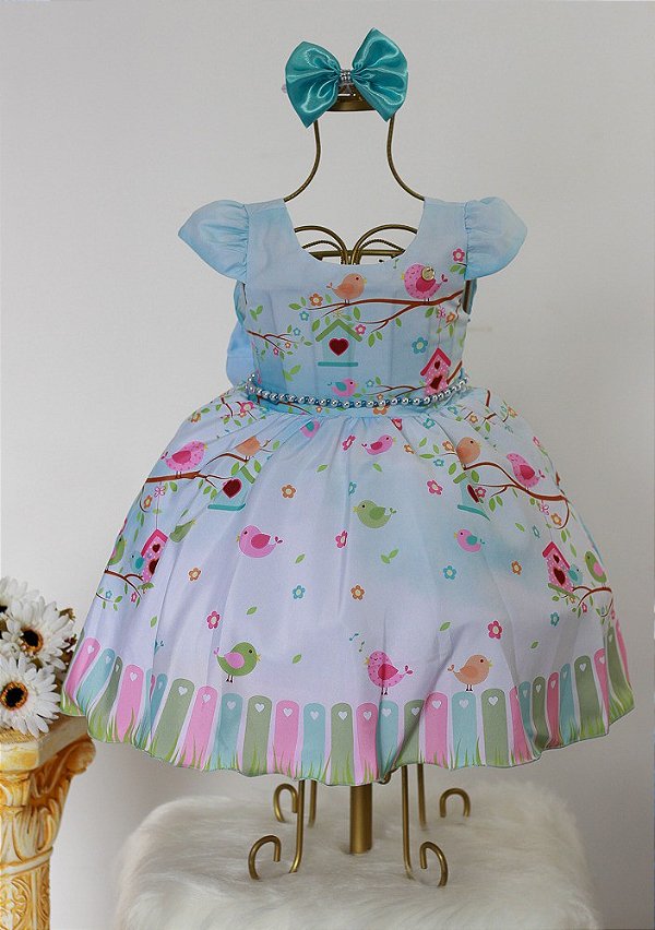 Vestido Jardim Encantado Passarinho Azul