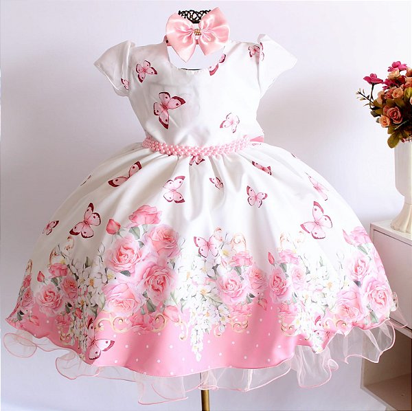 Vestido Jardim Creme e Rosa