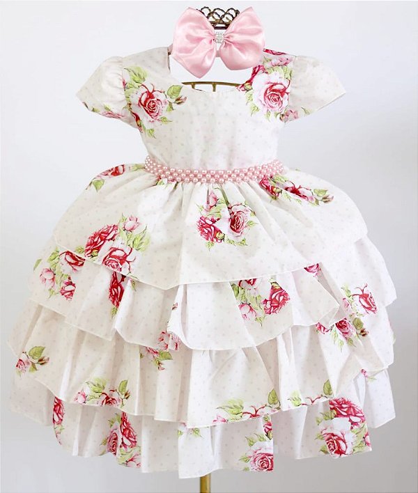 Vestido Floral Babado Creme