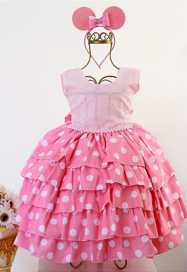 Vestido Rosa Poá Babado
