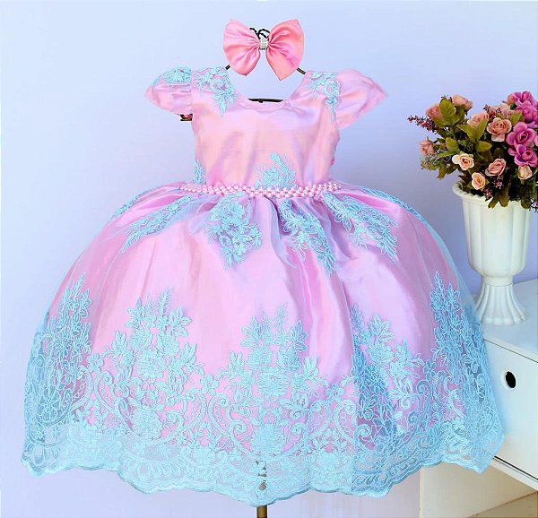 Vestido Rosa / Renda Azul