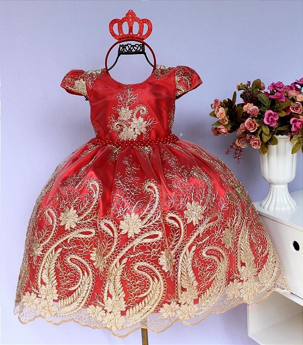 Vestido Vermelho / Renda Dourada
