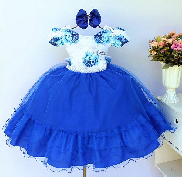 Vestido Azul Peito Florido
