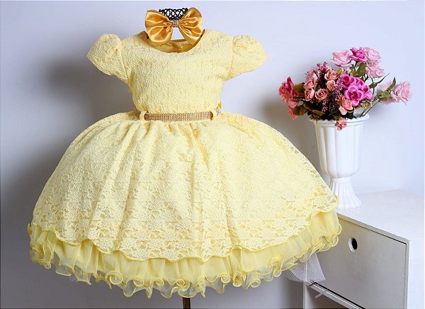 Vestido Amarelo Rendado Luxo