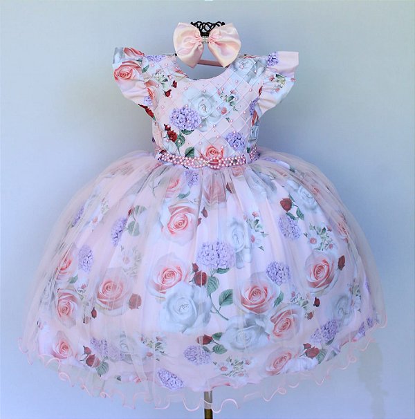 Vestido Floral Salmão Perolas