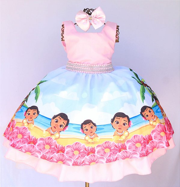 Vestido Tema Moana Baby - Meninas Bebês 6 Meses a 10 anos - Rosa