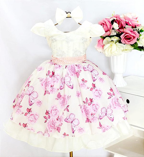 Vestido Floral Creme e Lilás