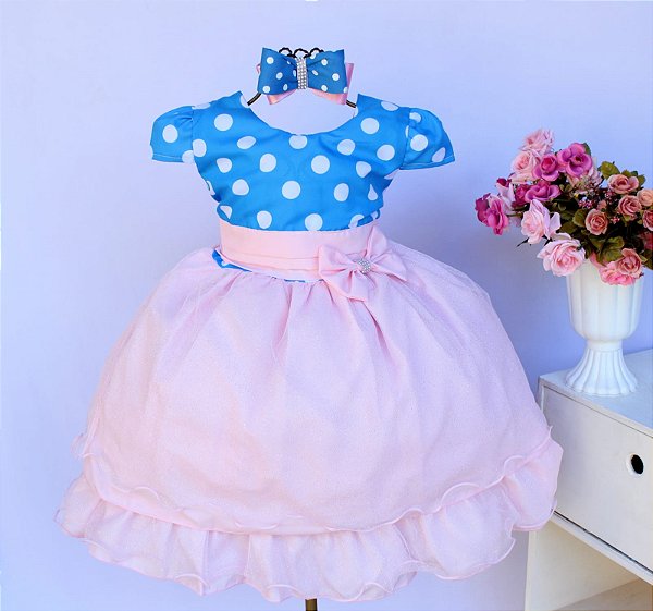 Vestido Poá Azul e Rosa
