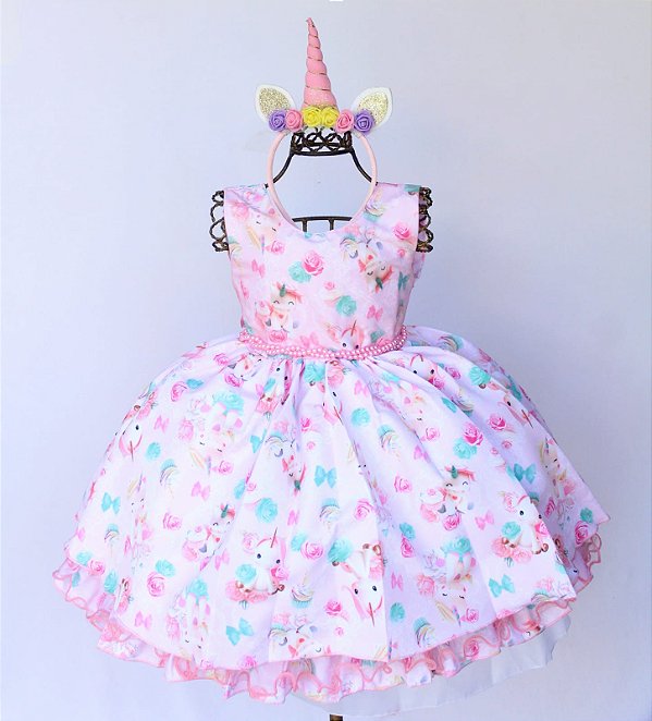 Vestido Festa Rosa Unicórnio