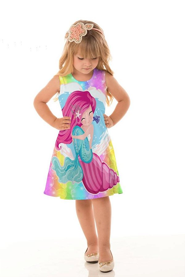 Vestido Infantil Sereia Fundo Do Mar Dia a Dia