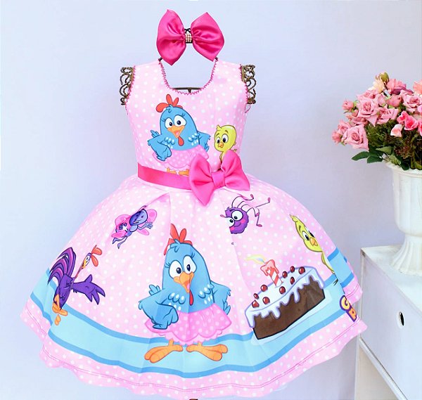 Vestido Rosa Infantil Galinha Pintadinha Dia a Dia