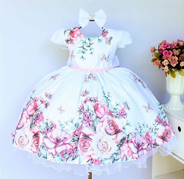 Vestido Floral Branco Daminha 4 ao 16