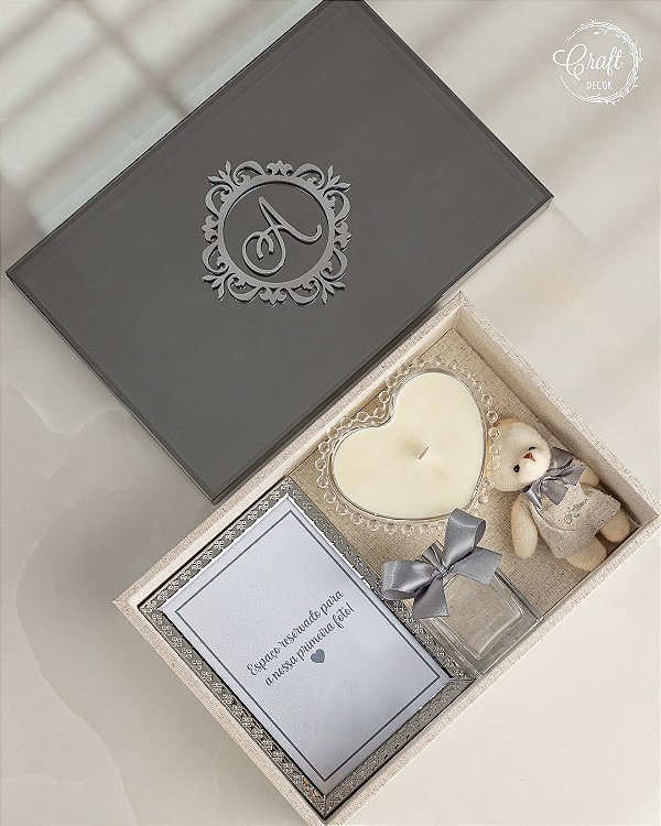 Caixa convite para padrinhos - Tampa de vidro bronze - Porta retratos, aromatizador, vela e chaveiro ursinho